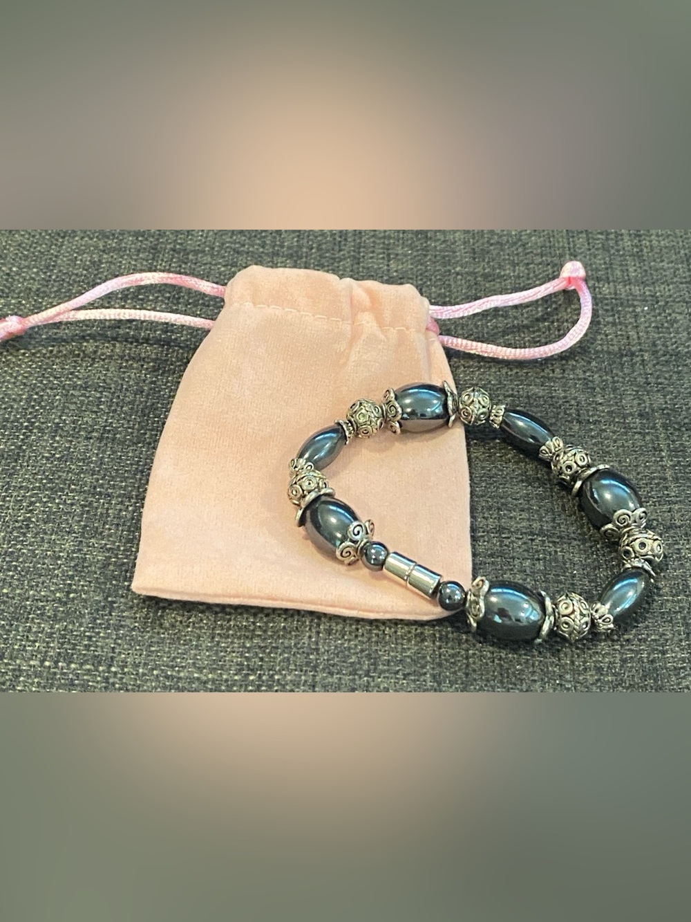 Hematite Beaded 7 inch Bracelet with Silver-Tone Accents & magnetic closure. - Picture 3 of 4